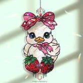 Strawberry Duck Acrylic Suncatcher, Cute Bird Window Decor, Stained Glass Style Kawaii Art, Pink Bow Gift for Animal Lovers